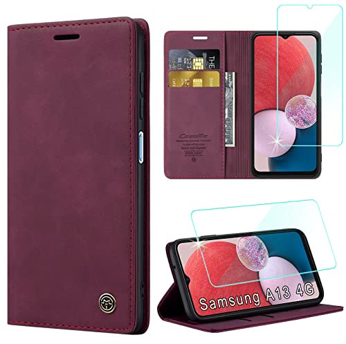 Yohii Handyhülle für Samsung Galaxy A13 4G/5G/A04S Hülle mit Schutzfolie, Premium PU Leder Wallet Tasche Kartensteckplätzen Magnetverschluss Standfunktion Flip Case für Samsung Galaxy A13 - Wein Rot