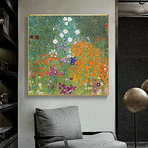 HOLEILUCK Gustav Klimt Blumengarten Leinwand Gemälde Berühmte Kunstwerke Poster und Drucke Wandkunst Bild für Wohnzimmer Dekor 90x90cm(36x36in) mit Rahmen