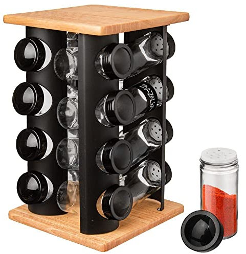 orion group Gewürzständer Gewürzkarussell Gewürzregal drehbar mit 16 Glasbehälter robust aus Holz Metall 17,5x17,5x29 cm