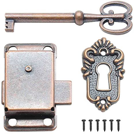 BokWin Dekoratives Schloss für Schrank, Möbelschloss, Vintage-Schloss für Schmuck, antike rote Bronze, Schrankschloss, altes Schloss, Ersatz mit Schlüssel und Befestigungsschrauben (1 Set)