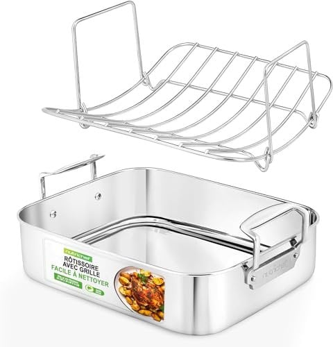 NutriChef Teglia Forno e Teglia Forno Rettangolare in Acciaio Inox da 36 Centimetri con Griglia Lucidata, Ideale per Tacchino, Pollo e Carni, Premium e Resistente con Manici Incorporati