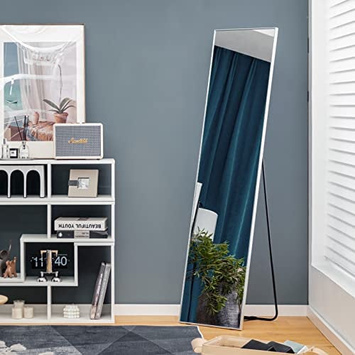 RELAX4LIFE Grand Miroir sur Pied Chambre 40x160CM avec Cadre Alliage d'alu et Verre Antidéflagrant, Grand Miroir Mural Rectangulaire pour Salon Vestiaire Couloir (argenté)