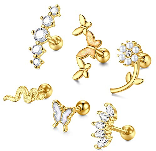 Longita Tragus Ohrstecker Piercing Chirurgenstahl 16G Schmetterling Schlange Helix Piercing Ohr für Damen Conch Piercing Stecker 6MM Gold
