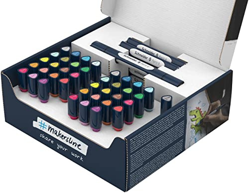 Schneider 040 Paint-It Twinmarker Set V1 (Brush Tip & 1,0 mm Rundspitze, farbintensive Tinte auf Wasserbasis, für die Anwendung auf Papier, Stifte aus 92% recyceltem Kunststoff) 52 Teile, mehrfarbig