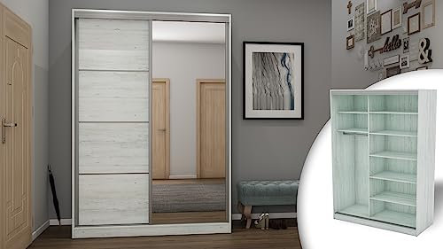 eMeblast - zweitüriger Kleiderschrank - 150x215x62cm - Schiebetüren - Schlafzimmer - Wohnzimmer - Garderobenschrank - Kleiderstangen - Geräumige Schubladen - Einlegeböden Kiefer Anderson mit Spiegel