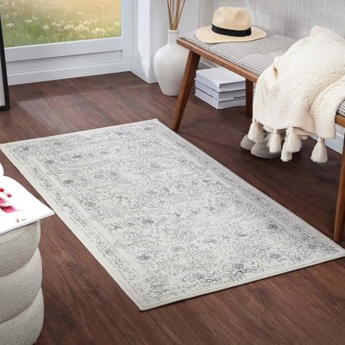 Livabliss Marrakech Vintage groß - Orientalischer Wohnzimmer 80x150 cm, Esszimmer, Schlafzimmer - Boho Kurzflor e für einfache Pflege - Mittelgrau und Creme