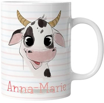 timalo® Tasse Tiere mit Namen personalisiert | Motiv Kuh Kindertasse mit Wunschname für Kinder Geschenk zur Einschulung, Weihnachten, Nikolaus | mug-t-46