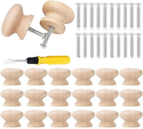 TZQFROCE 20 Stück Möbelknöpfe Holz Schubladengriff Holzgriffe für Schränke Runde Holzknauf mit Schrauben und Schraubendreher für Schrank Schublade Schuhkasten Schranktür Küche