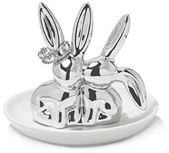 Lynagert Hasen-Ringhalter, Kaninchenring, Keramik, Schmuckhalter, Schmuckablage für Ringe, Ohrringe, Halsketten, Organizer, Hochzeits-Verlobungsringhalter (Silber)