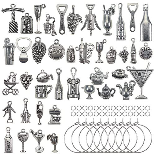 TOAOB 100 Stücke Weinglas Anhänger Charms Silber Glasmarkierer Weinglas Ringe mit 42 Stück Identifikations Getränkemarker für Party Wein Glas Marker DIY Herstellung Schmuck