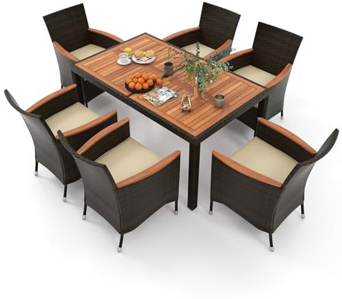 GYMAX 13 TLG. Rattan Gartenmöbel Set für 6 Personen, Sitzgruppe Outdoor mit Akazienholztisch, Schirmloch & 6 Stapelbaren Stühlen inkl. Polstern, Balkonmöbel wetterfest für Garten (6 Personen)