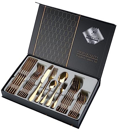 Besteck Set für 6 Personen, 30 teilig Essbesteck Set, Bestehend aus Messern, Gabeln, Löffeln, Edelstahl, Spülmaschinenfest, Camping Besteckset, Outdoor (Gold-Geschenkset)
