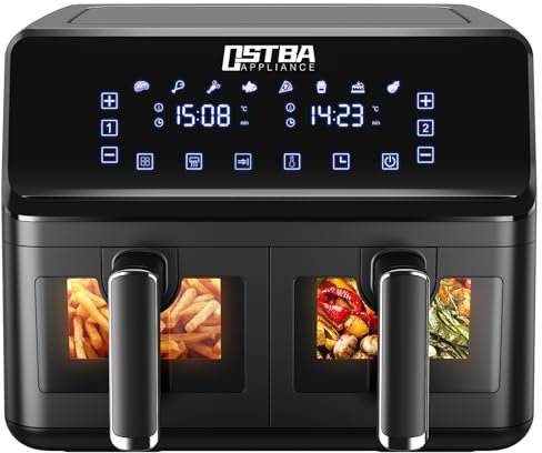 OSTBA Dual Air Fryer, 4+4L Dual Zone Air Fryer with ClearCook, Digital Control Panel, and 8 One-Touch Pre-sets,Sync & Match Cook Function, 1700W Healthy Oil-Free Fryer,Black