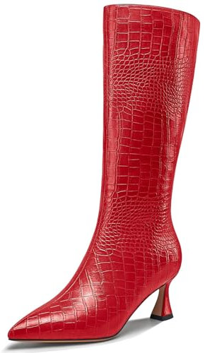 NobleOnly Donna Medio Tacco Heel Chiusa a Punta Cerniera Ballo Dress Metà polpaccio Stivali Casual Inverno Scarpe 6 CM Heels Rosso 45 EU
