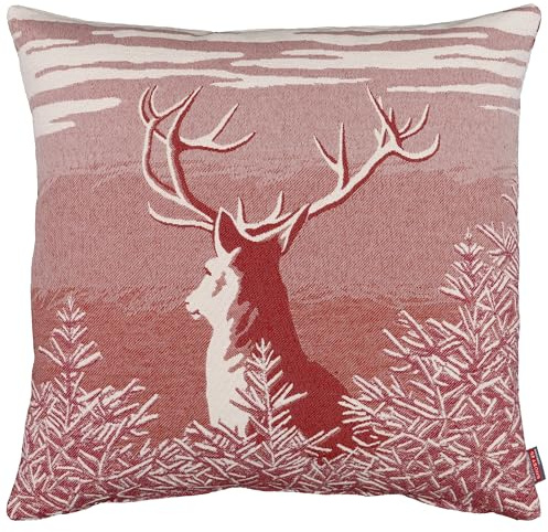 Espamira Gobelin Kissenbezug 45x45 Landhaus Kissenhülle Dekokissen Hirsch Herbst Weihnachten Winter Herbst Kissen Sofakissen Beidseitig Gewebt (Rot)