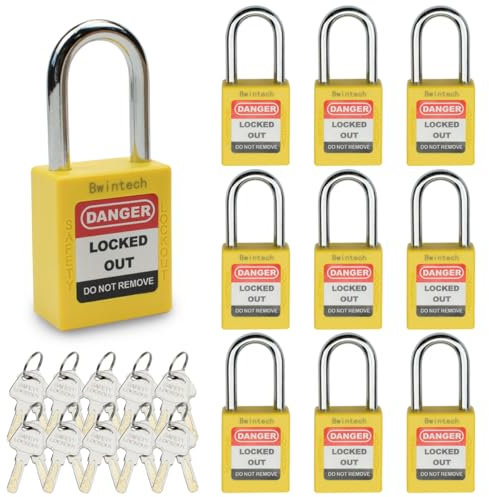 Bwintech 10 Pcs 38MM Lucchetto di sicurezza giallo diverso con chiave per il blocco delle postazioni e dei dispositivi di lockout tagout
