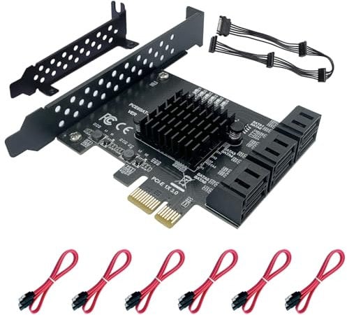 Xdingjiala PCIE zu SATA Karte 6-Port 1X, PCIe SATA Gen 3 Erweiterungskarte Controller 6 Gbit/s, SATA III Karte mit 6 Kabeln, 15-Pin SATA Stromverteilungskabel, Windows XP/7/8/10/Linux Kompatibel