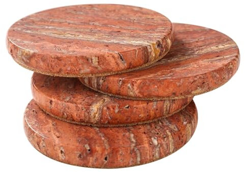 HAMAKAWA Echte Naturmarmor Untersetzer 4er Set, Rote Stein Untersetzer Φ10cm, Moderne Runde Travertin Getränke Untersetzer für Heimdekoration, Couchtisch, Büro