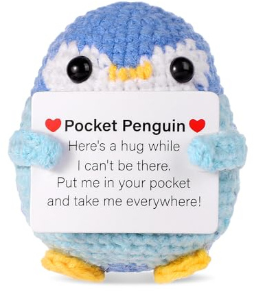 Lustiger Positiver Pinguin, 6,5cm Pinguin Puppe mit Karte Niedliche aus Wolle Gestrickte Taschen Pinguin Kreatives Aufmunterungsgeschenk für Familie Freunde Ermutigung Heimdekoration(Blau)