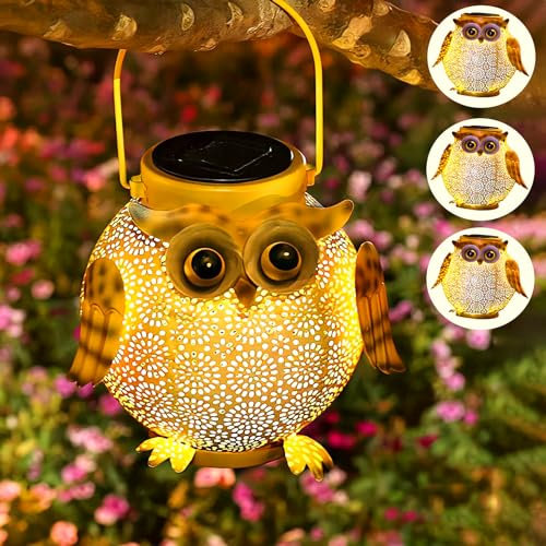 Solarlaterne für Außen Hängend 4 Stück Eule Rasenlampe Warmweiß LED Solar Gartenleuchten Eulenform Metall Solarleuchten IP44 Wasserdichte Gartendeko für Draußen Terrasse Rasen Balkon Hof Nachtlichter