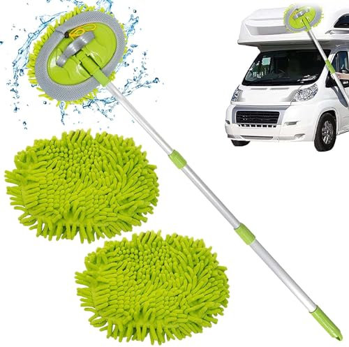 BAIFULAI Brosse de lavage de voiture, 105 cm, avec long manche, 2 en 1, en microfibre, chenille, gant de lavage, brosse de nettoyage, pour voiture, camping-car, camping-car, 2 têtes de serpillère,