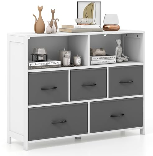 GIANTEX Kommode mit 5 Schubladen aus Stoff, Kommode mit 2 offenen Fächern und herausnehmbaren und klappbaren Schubladen, TV-Schrank bis zu 50 Zoll, Mehrzweckschrank für Schlafzimmer, Wohnzimmer, 100 x