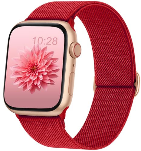 AMSKY Bracelet en Nylon Élastique Compatible avec Bracelet Apple Watch 40mm 44mm 46mm 42mm 41mm 45mm 38mm 49mm Femme Homme, Boucle Unique pour iWatch SE Ultra Serie 10 9 8 7 6 5 4 3 2 1, Rouge