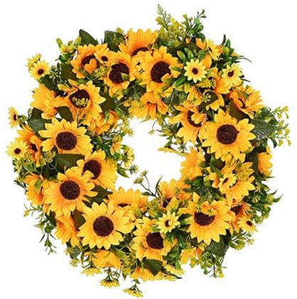 Sunflower Wreath,Spring Summer Wreath for Front Door,Yellow Sunflower Green Leaves Garland,40cm Artificial Flower Wreath for Front Door