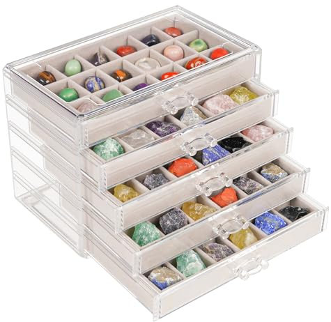 Bfttlity Rock Vitrine Rock Sammelbox für Kinder, 90 Fächer, Samt, Rock-Kollektion, Vitrine, Organizer für Edelstein, Fossilien-Kristall, Sammlerstücke (90 Fächer), Grau