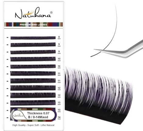 NATUHANA Couleur Extension Cils 0.07mm B Curl 8-14mm Mixte Colorés Individuel Volume Russe Naturel Faux Cils Professionnel Eyelash Extensions (Noir+Violet;0.07 B, 8-14 mm)