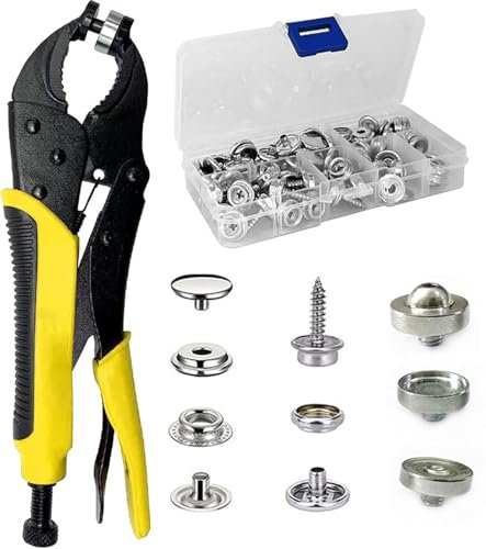 Robustes Druckknopf-Werkzeug-Set, verstellbare Hand-Schnappzange mit 25 Sets, 1,9 cm, 15 mm, Metall-Druckknöpfe für Kleidung, Druckknöpfe für Stoff, Leder, Bootsabdeckungen, Reparatur von Segeltuch
