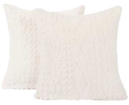 OHS Cushion Covers 45 x 45, Cable Knit Super Soft Sofa Cushion Covers for Living Room Bedrooms Decorative Square Throw Pillows with Zipper Sherpa Reverse - Set of 2, Cream