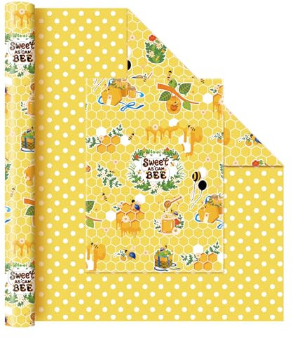 WERNNSAI Bienen Geschenkpapierrolle –43 cm x 10 m Happy Birthday Geschenkpapier Waben Sonnenblumen Muster Kinder Wendbare Jumbo Honigbienenrolle Polka Dot Design Geburtstagsparty Geschenk