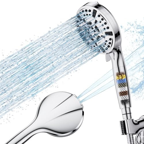 Mowdug Pomme de douche filtrée avec main, filtres de pommeau de douche haute pression 10 modes, buses anti-obstruction, 2 lavages puissants pour nettoyer le carrelage de baignoire et les animaux