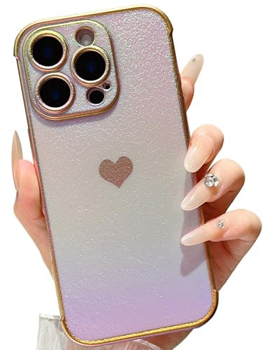 ZTOFERA Compatible with iPhone 16 Pro Max (6.9) Case for Girls Women, Luxury Fluorescent Iridescent Matte Silicone Case with Cute Love Heart Pattern Plated Rim Shockproof Cover, Iridescent Purple