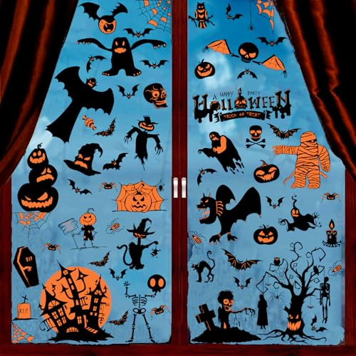BOOMTOP 9Blatt Halloween Fensterbilder Fensteraufkleber Halloween Deko Fenster Fledermäuse Geister Kürbis Aufkleber Selbstklebend Halloween Sticker Fenster Abziehbilder Fenster Wand Dekoration Schwarz