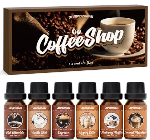 ARVIDSSON Kaffee Duftöle Set, Premium Ätherische Öle für Diffuser, Espresso, Vanille Chai, Heiße Schokolade, Heidelbeere Muffin, Eierliköle Latte, Karamell Macchiato, Coffee Shop Duftöle