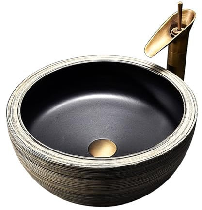 LMHAUSS Lavabo de Salle de Bain Rond avec Robinet, lavabo de comptoir en céramique rétro Chinois, évier de Salle de Bain au-Dessus du comptoir, Installation de lavabo intérieur et extérieur, lavabo