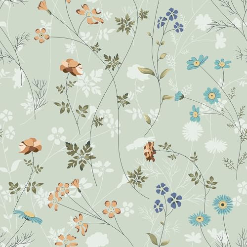 ANHUIB Hellgrüne Blumentapete Vintage Pflanzen Blume Tapete Tapete für Wohnzimmer 44x300cm Wildblumen Blumentapete für Schrank Arbeitsplatte Möbel Blumen Möbelfolie Badezimmer