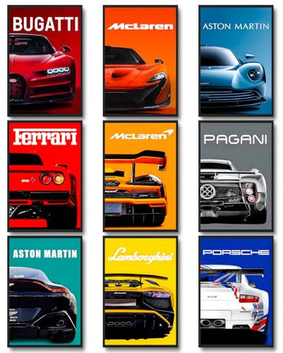 dazongweihan 9 x Super-Auto-Poster für Jungenzimmer, Rennwagen-Wandkunst für Männer, Jungs, Sportwagen-Wanddekoration, Rennwagen, Bilder, Wanddekoration für Schlafzimmer, Schlafsaal, Männerhöhle