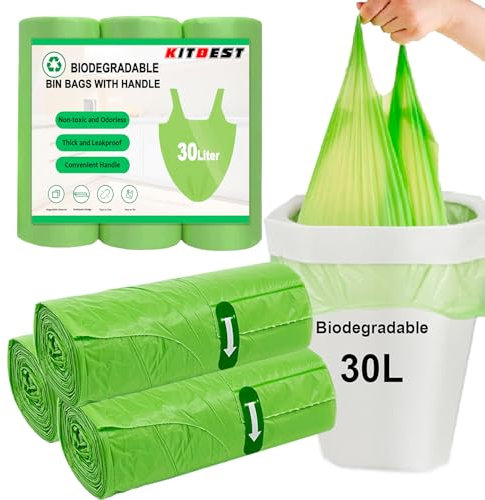 KITBEST 30L Sacs Poubelle Biodégradables, 60 sacs poubelle verts avec poignée, sacs poubelle compostables de taille moyenne pour cuisine, bureau, salle de bain, toilettes (60x75cm)