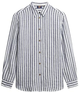 Superdry Damen Lässiges Hemd aus Leinen im Boyfriend-Stil Blauer Breiter Streifen 40