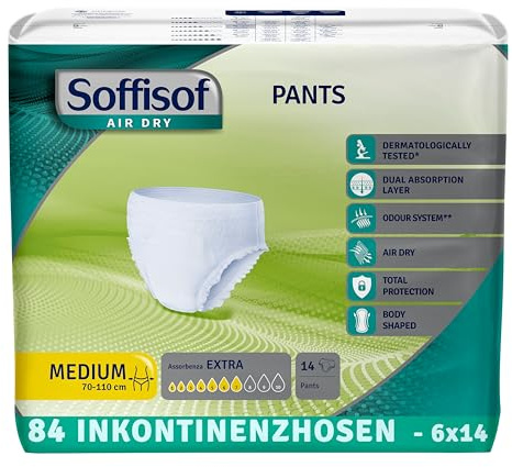 Soffisof Air Dry Windelpants für Erwachsene Extra M - 84x Inkontinenz Pants - 6 Packungen mit 14 Windeln, 7 Tropfen - Windeln Pants