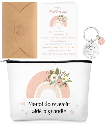 Xuniea 4 Pièces Cadeau de Remerciement pour Maîtresse Professeur Compris Trousse de Maquillage Porte-Clés Carte Arc-en-Ciel avec Enveloppe pour Fin d'Année École Maternelle Anniversaire Baby-Sitter