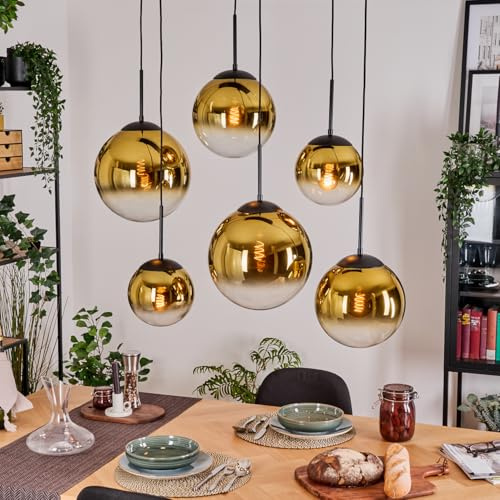 HOFSTEIN Hängeleuchte Gastor, 6-flammige Hängelampe aus Metall/Glas in Schwarz/Gold/Klar, moderne Pendelleuchte im Retro/Vintage-Design (Schirme Ø 20; 25; 30 cm), E27, Esszimmer, Küche, Wohnzimmer