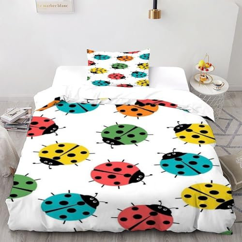 SHEVOVER Bunte Ladybug Bettwäsche-Set 3D Druck Süße Insekten Weiche Mikrofaser Bettwäsche Mit Kissenbezügen Mit Leichtläufigem Reißverschluss Für Teens Single（135x200cm）