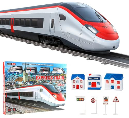 Koolbitz Electric Train Set for Kids 24 PCS - Battery Operated Train Playset with Tracks, Tunnel, Station, Houses, Road Signs, High-Speed Train Engine, Learning Educational Toy for Kids Boys and Girls