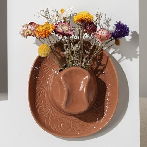 Hanging Wall Planters for Indoor Plants, Wall Vases for Flowers, Ceramic Cowboy Hat Vases for Decor, for Bathroom, Living Room, Office, and Home Decor. Brown