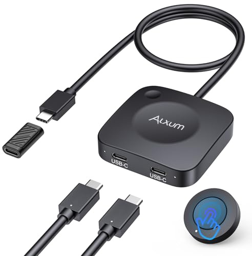Alxum 20Gbps USB-C Switch für 2 Computer, 2 in 1 Out, 8K@30Hz / 4K@144Hz Video, 140W PD Ladefunktion, USB4 Daten, mit Fernbedienung und LED-Anzeige, USB Umschalter für Laptop, Monitor, Dockingstation