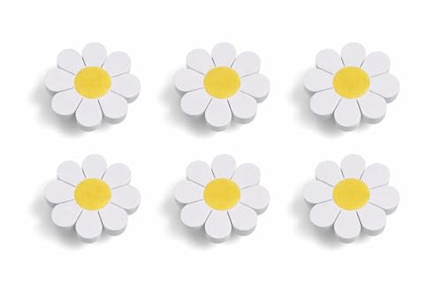 Door Stay® 6-Pack Mini Daisy Flower Drawer Knobs – 33 mm Children’s Cupboard, Wardrobe, Cabinet & Nursery Furniture Pull Handles (Mini Yellow & White Drawer Knobs)